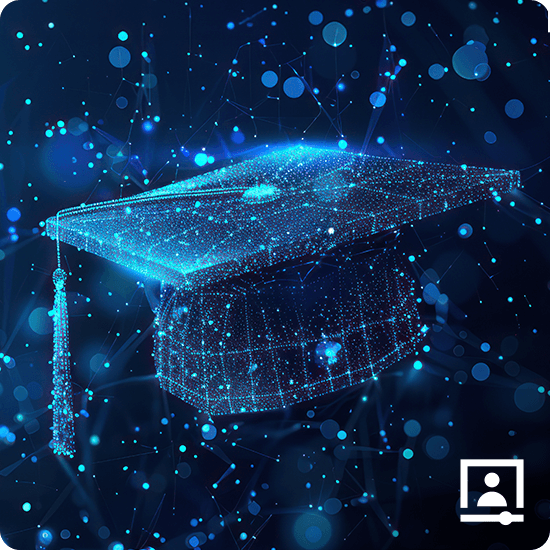 A blue and white mesh graduate cap displayed against a neutral background.