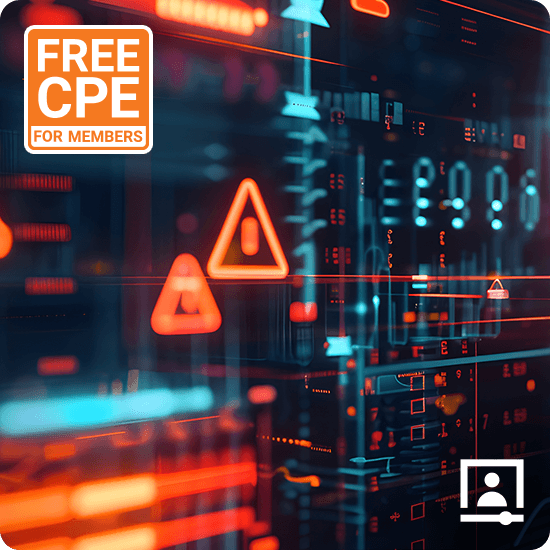 Free CPE for Members, caution sign overlying computer code