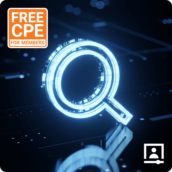 Free CPE for Members - magnifying glass on a blue background 