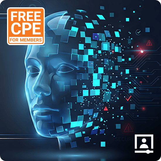 Blue digital human face dissolving into particles, surrounded by circuit patterns FREE CPE FOR MEMBERS