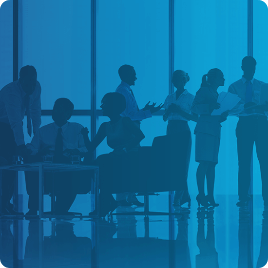 Blue background with shadows of people in an office setting