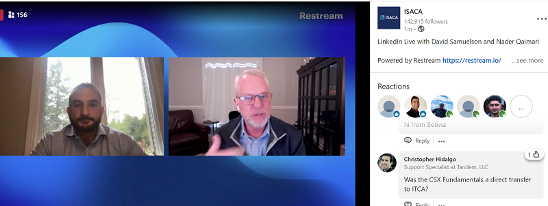 Nader Qaimari, Chief Product Officer at ISACA, was interviewed by ISACA CEO David Samuelson on 7 May in a LinkedIn Live discussion on ISACA’s digital transformation 