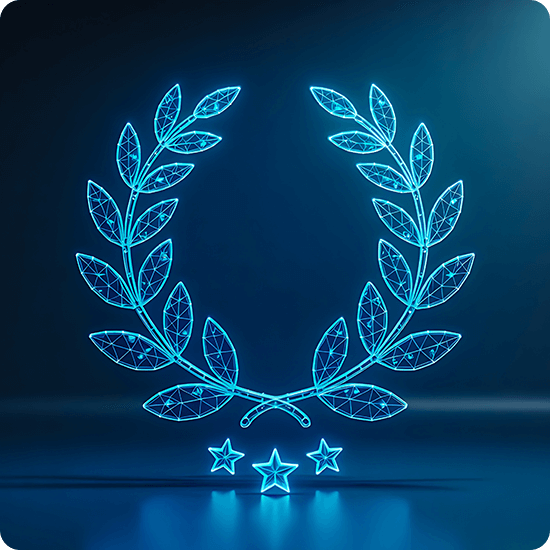 A glowing blue laurel wreath adorned with stars, symbolizing victory and achievement.