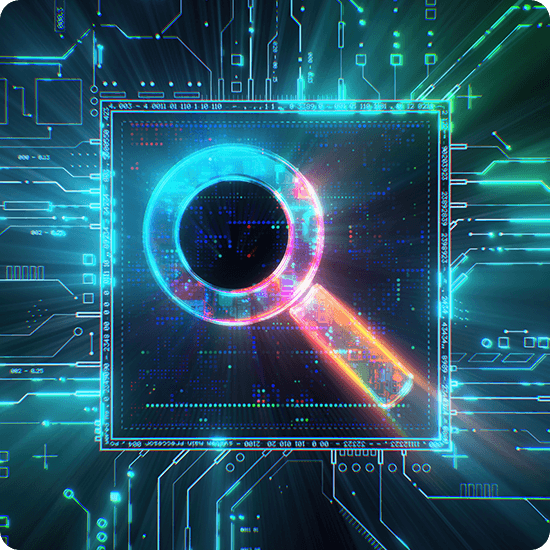 A magnifying glass placed on a circuit board, emphasizing the detailed layout of electronic circuits and components.