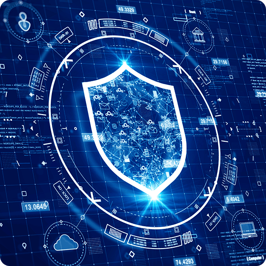 A blue shield featuring various icons, symbolizing protection and security in a digital context.