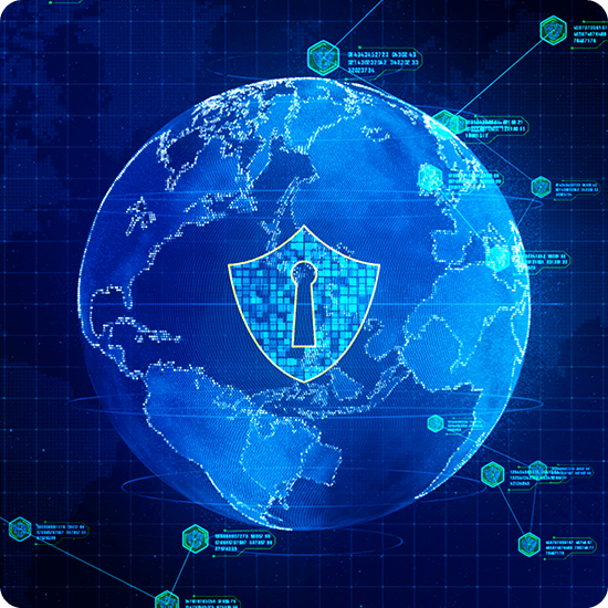 An abstract representation of cyber security featuring a shield icon with a padlock, set against a backdrop of digital data streams.
