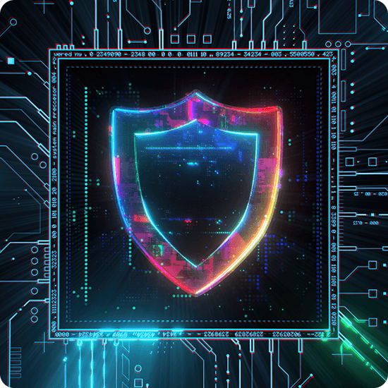 A vibrant shield design displayed on a circuit board, showcasing a blend of technology and color.