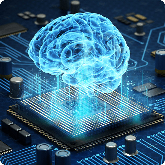 A brain integrated into a circuit board, illuminated by blue lights, symbolizing the fusion of technology and intelligence.