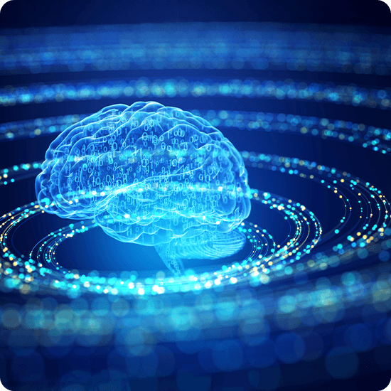 A brain illuminated by a spiral of light, symbolizing thought and creativity.