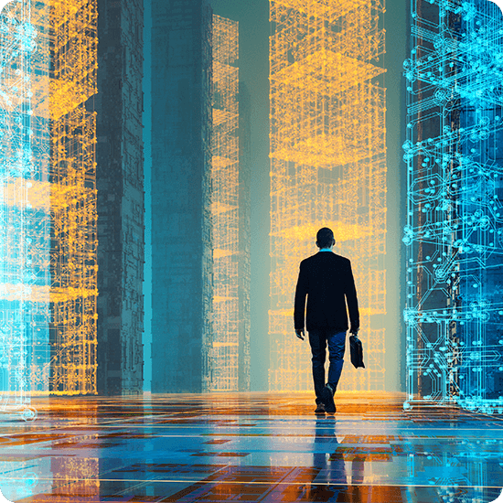A man walks through a vibrant futuristic city filled with sleek buildings and advanced technology.