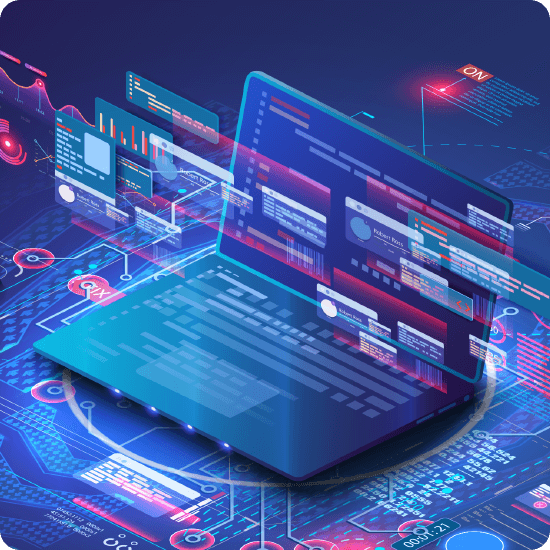 A laptop is surrounded by a colorful digital backdrop, showcasing various abstract designs and patterns