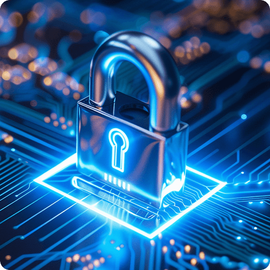 A 3D illustration depicting cyber security themes, featuring digital shields and interconnected data networks.