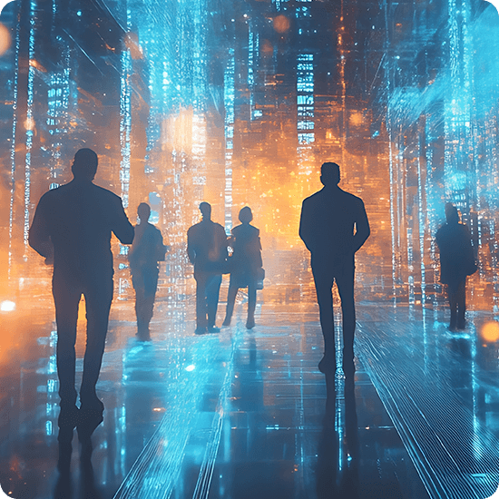 A group of business people navigating a vibrant, futuristic city filled with innovative buildings and urban design.