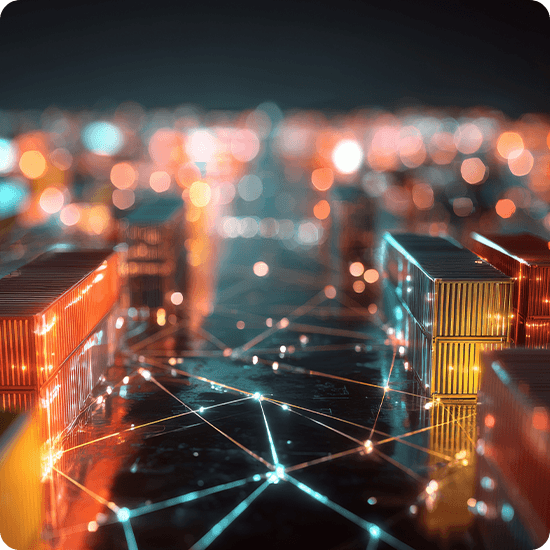 A bustling cityscape filled with colorful shipping containers and bright lights illuminating the urban environment at night.