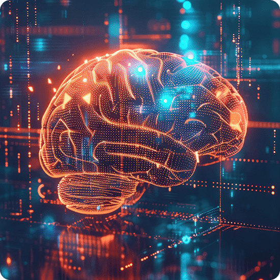 A glowing brain illuminated in the dark, showcasing its intricate structure and neural pathways.
