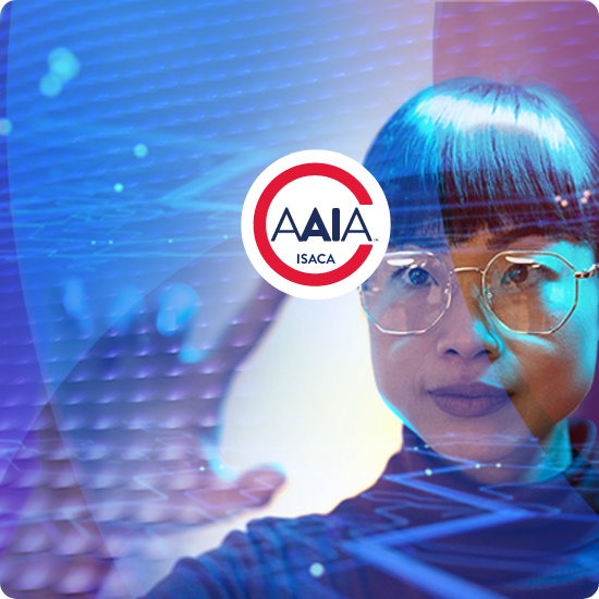 A woman touching the AAIA logo