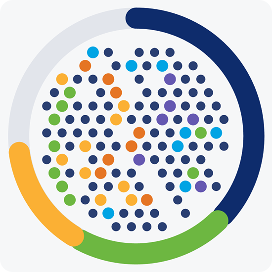 Abstract circular infographic with colorful dots inside a navy, green, and orange segmented ring on a light gray background; clean, modern tone.