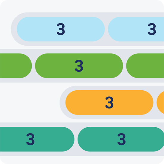 Abstract graphic of colorful rounded horizontal bars in blue, green, orange, and teal, each labeled “3,” arranged in a calm repeating pattern.