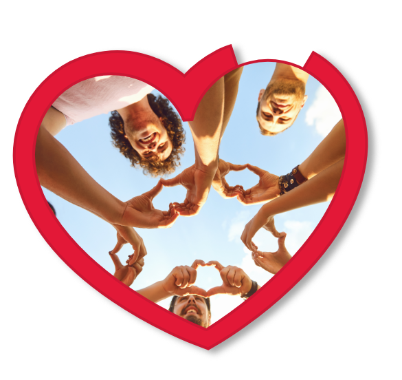 People forming a circle and making heart gestures with their hands
