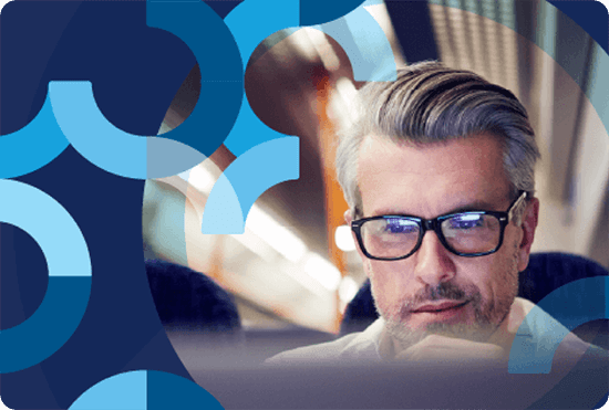 A profile of a man with dark blue overlay with Cs