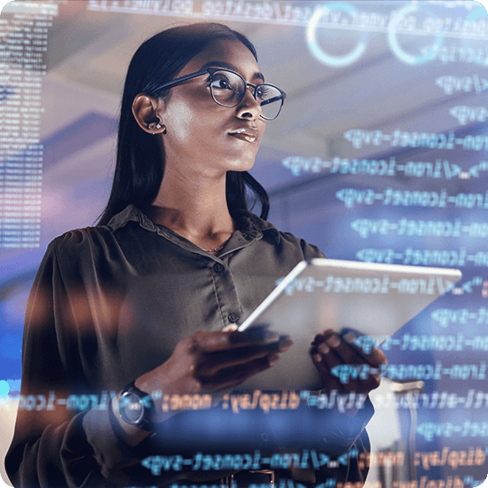 A woman holding a tablet with a digital overlay