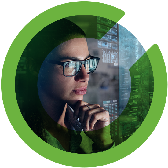 A profile of a woman with a green C overlay