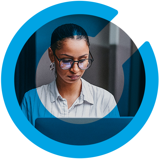 A woman working on a laptop, with a blue C overlay