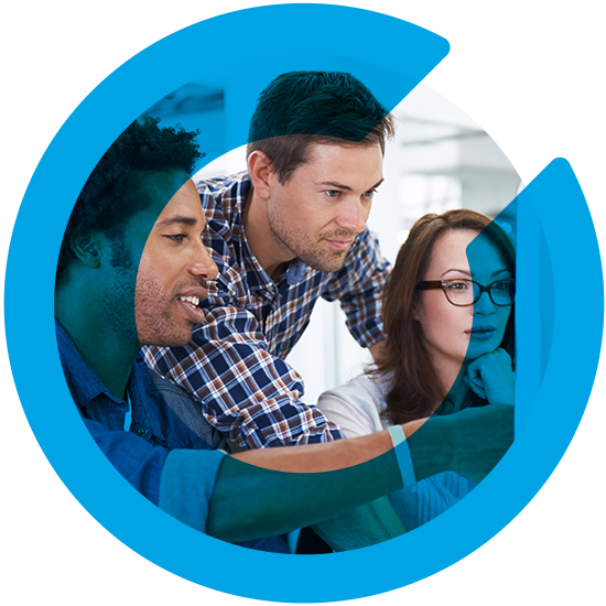3 people working in front of a computer, with a blue C overlay