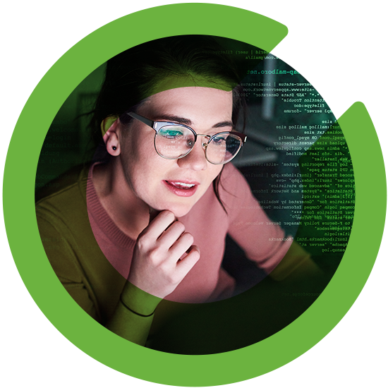 A profile of a woman with a green C overlay