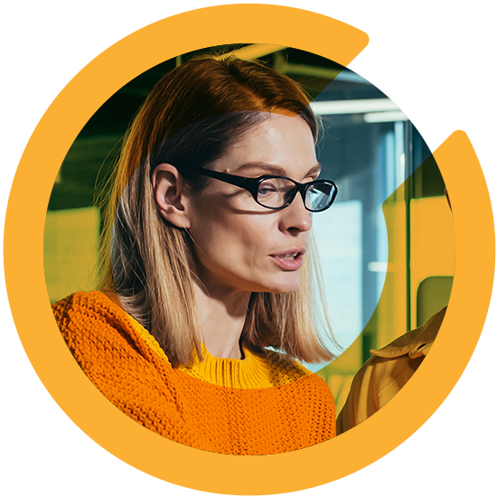 A profile of a woman with an orange C overlay
