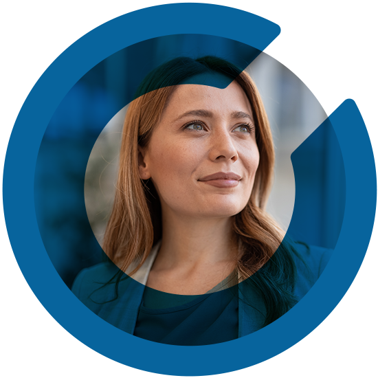 Profile of a woman with a blue C overlay