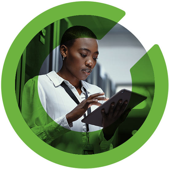 A woman looking over a tablet, with a green C overlay