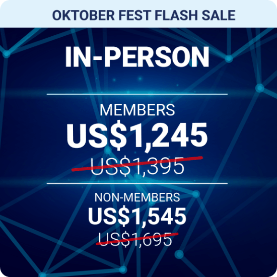 October Fest Flash Sale graphic promotes in-person member pricing of US$1,245 and non-member pricing of US$1,545, with discounts shown.