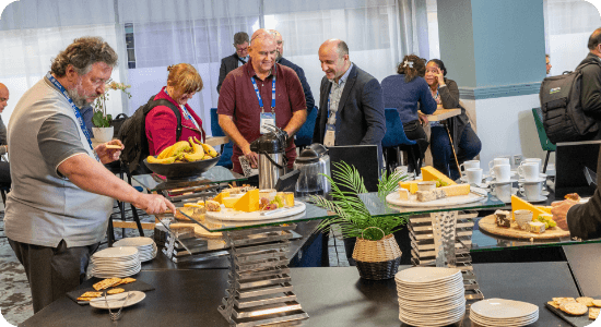 Group of people around a buffet