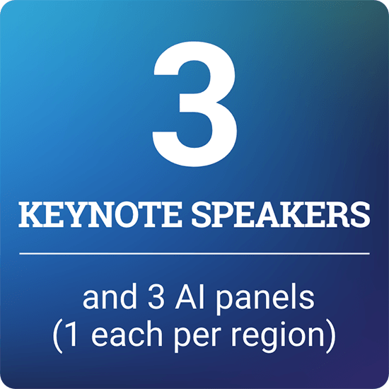 3 Keynote Speakers, and 3 AI panels (1 each per region)
