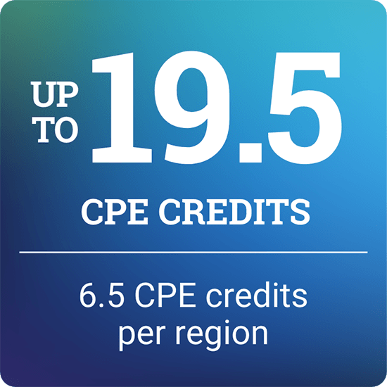 Up to 19.5 CPE Credits, 6.5 CPE Credits per region