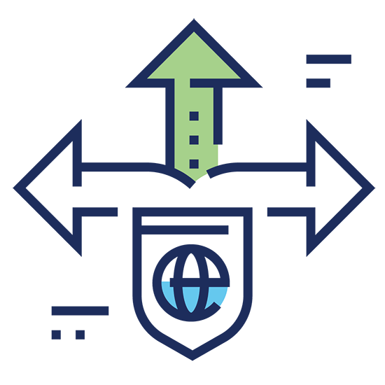 A globe inside of a crest with arrows coming out