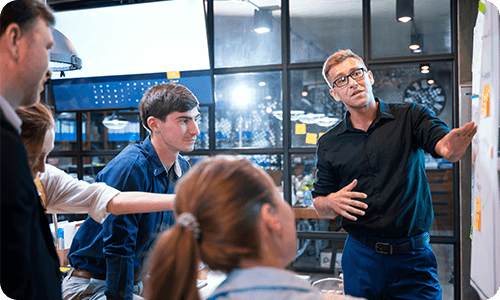 Group of people looking at a whiteboard