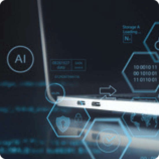 Digital Trust and an Eye on Reliable Operations - laptop with AI infographic