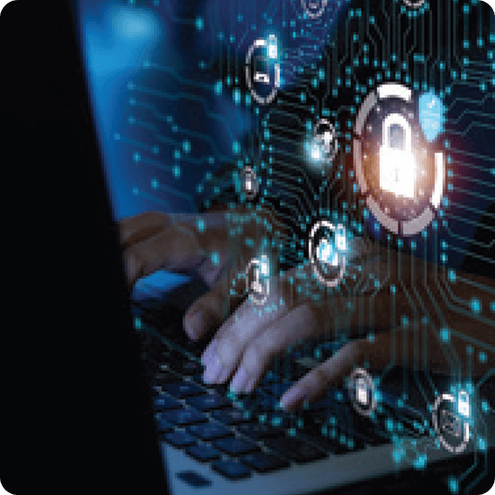 Security - A person typing on a laptop with overlaying security symbols