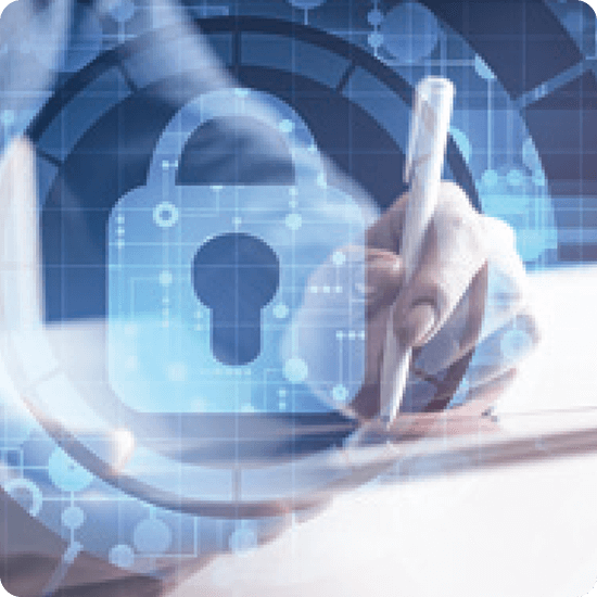 Safeguarding enterprises - person writing on a tablet with security symbol