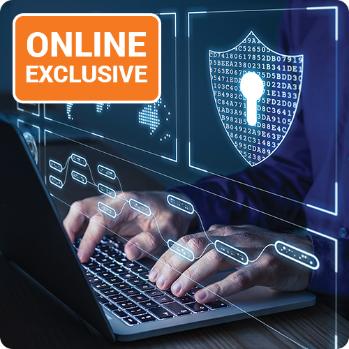 Person typing on a laptop with a digital security overlay