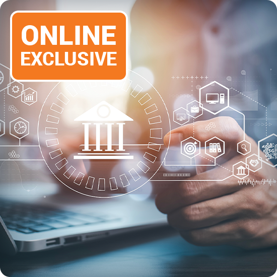 Laptop with overlying financial building and cloud graphics