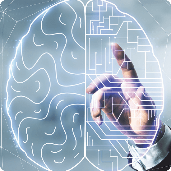 Graphical brain with a finger pointing to it