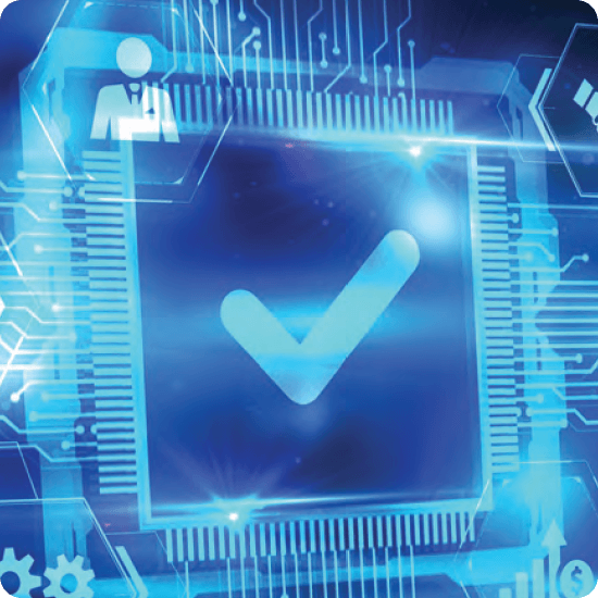 Abstract digital illustration of a checkmark within a circuit board, signifying successful processing or verification