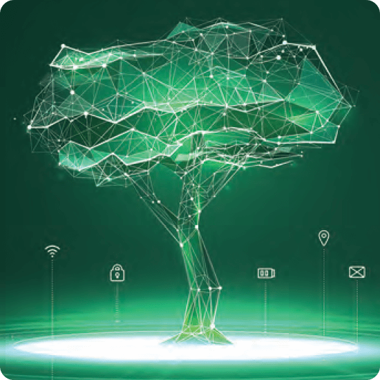 Abstract digital tree symbolizing interconnectedness and technology, glowing on a dark green background.
