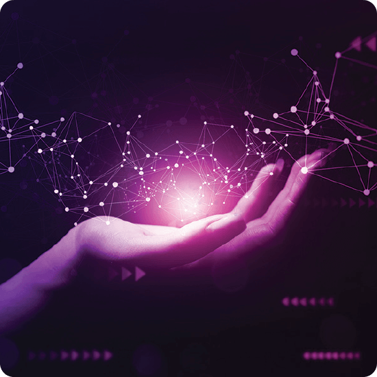 A hand with a glowing light illuminates a network