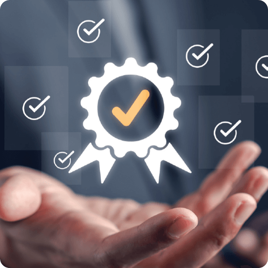 A hand grasping a badge with a check mark, indicating success or confirmation