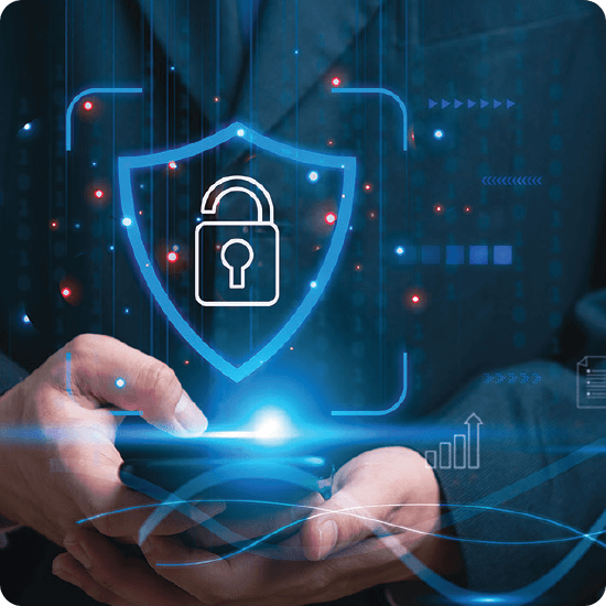 A digital shield with a padlock in the middle