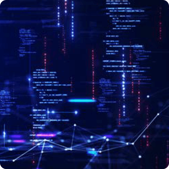 A dark blue screen showing code and network lines